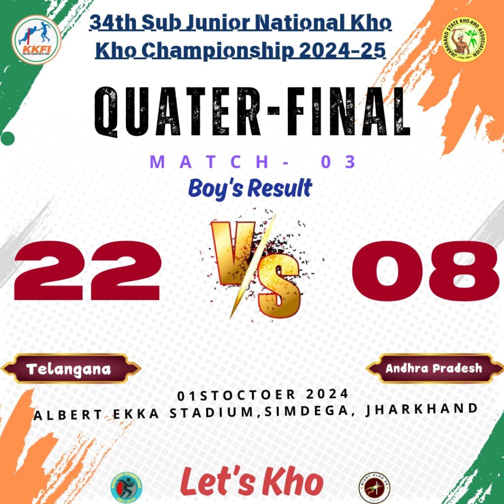 "Telangana defeats Andhra Pradesh 22-8 in the boys' quarter-final of the 34th Sub Junior National Kho Kho Championship 2024-25."