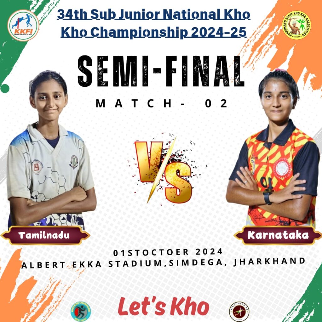 "Kho Kho girls' semi-final: Tamil Nadu vs Karnataka, October 1, 2024, at Albert Ekka Stadium, Jharkhand."