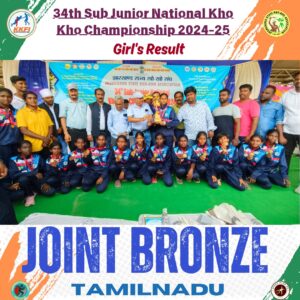  Tamil Nadu girls’ team celebrating their joint bronze win at the Sub-Junior Kho Kho Championship.