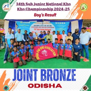 Odisha boys' team celebrating their joint bronze win at the Sub-Junior Kho Kho Championship.