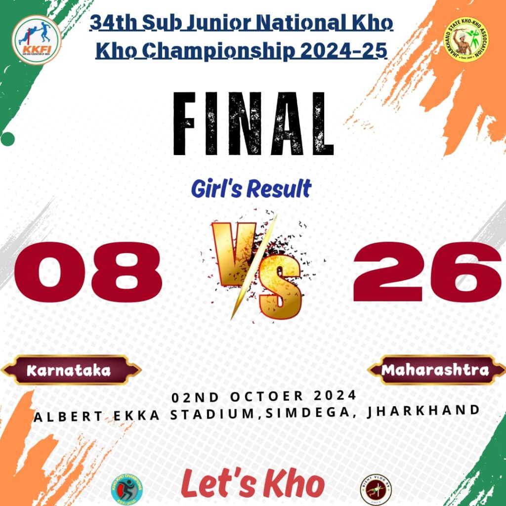 Image showing Maharashtra’s Wins over Karnataka in the Girls' Final of the 34th Sub Junior National Kho Kho Championship 2024-25. Final score: Maharashtra 26, Karnataka 8.