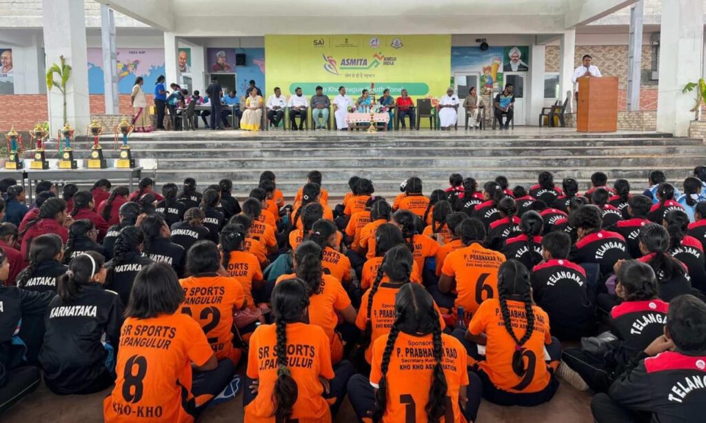 Players competing at the Sub-Junior & Junior Kho Kho South Zone League 2024 in Coimbatore.