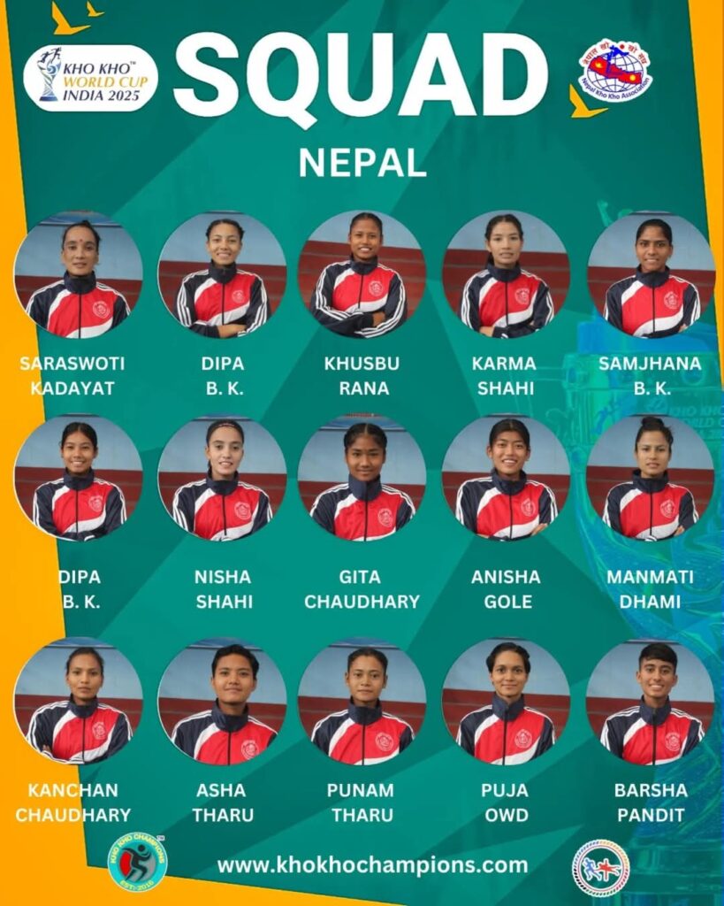 Nepal women's squad for khokhoworldcup 2025